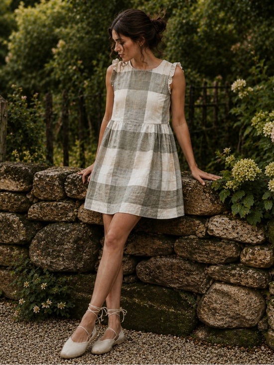 Upwest Dresses & Skirts - UpWest Plaid Flannel Babydoll Mini Dress Flutter Sleeve Beige Gray NWT Size M